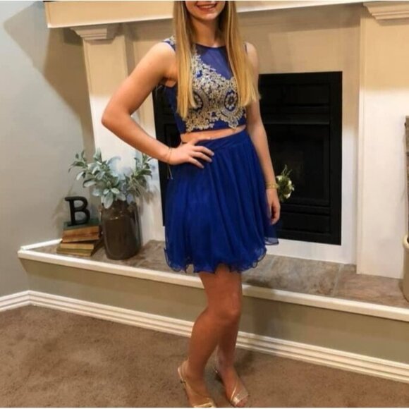 Jodi Kristopher Dress Womens 1 Jrs Blue Gold Lace Dance 2 Piece Sparkle Cocktail - Picture 1 of 16
